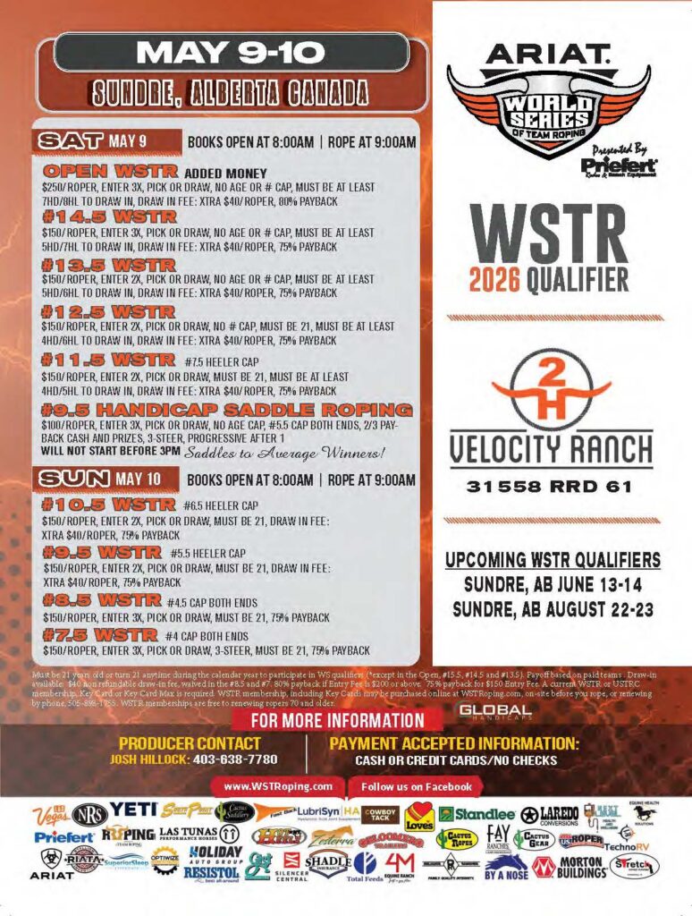 ARIAT World Series of Team Roping 2026 Qualifier flyer for Sundre, Alberta on May 9-10, featuring event details, entry fees, and added money information for multiple roping competitions