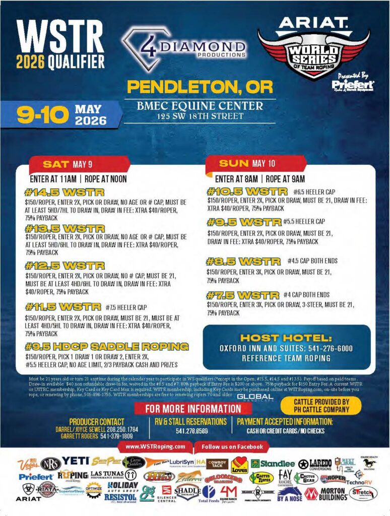 WSTR 2026 Qualifier team roping event flyer for Pendleton, Oregon on May 9-10 at BMEC Equine Center, featuring multiple roping divisions and entry fees