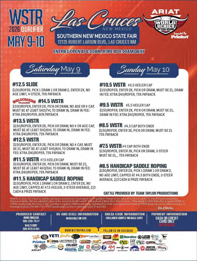 WSTR 2026 Qualifier flyer for Las Cruces, New Mexico team roping event May 9-10 at Southern New Mexico State Fair, featuring multiple WSTR and handicap saddle roping divisions with entry fees and rules