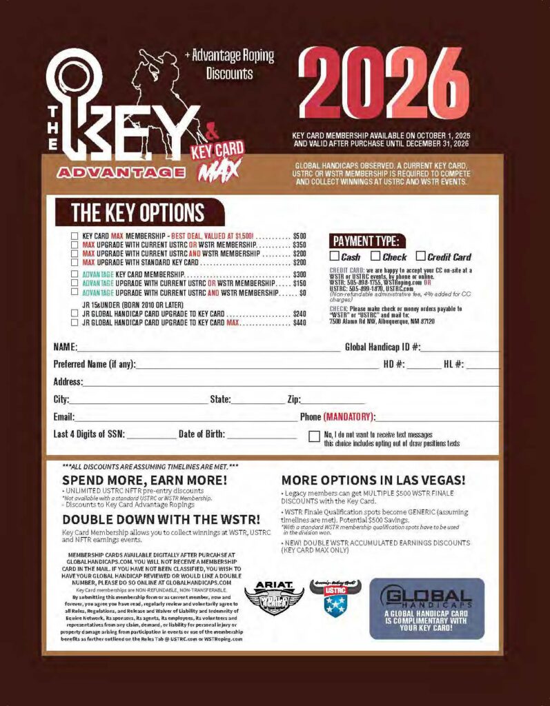 KEY Card Advantage Roping 2026 membership form offering discounts for USTRC and WSIR roping events