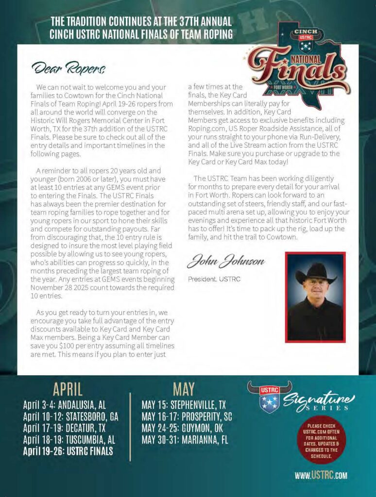 Letter welcoming team ropers to the 37th annual Cinch USTRC National Finals, with John Johnson's portrait and April-May Signature Series event dates listed