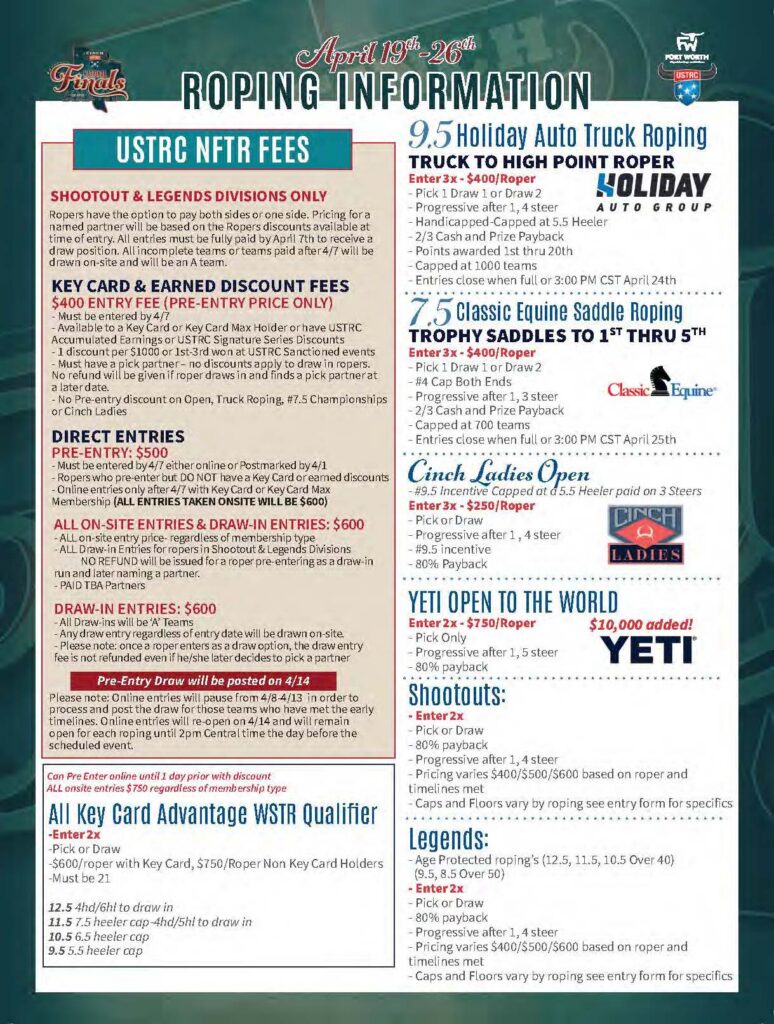 Fort Worth Stockyards USTRC April 19-26 Roping Information flyer detailing entry fees, divisions, and payouts for multiple roping events including 9.5 Holiday Auto Truck Roping, Classic Equine Saddle Roping, Cinch Ladies Open, and Yeti Open to the World