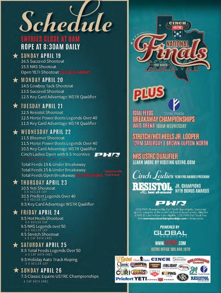 Cinch USTRC National Finals schedule for Fort Worth, April 19-26, listing daily rope and shootout events with prize money and sponsorships