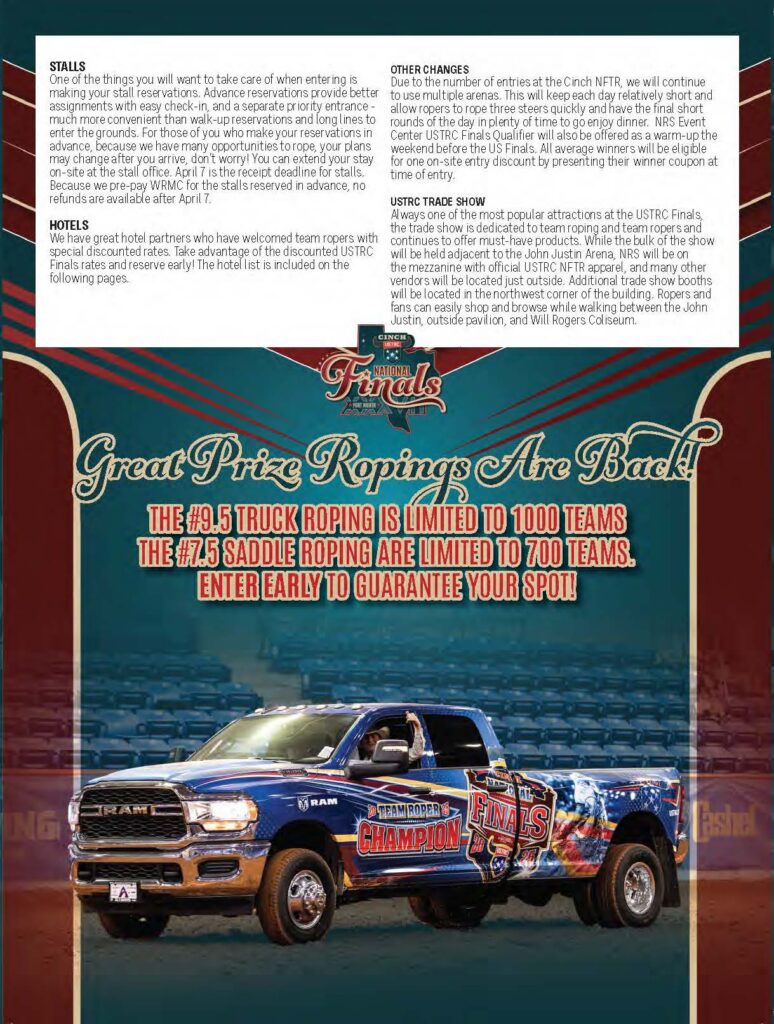 USTRC Finals promotional flyer featuring a blue RAM truck with red graphics announcing team roping entry limits and early registration deadlines