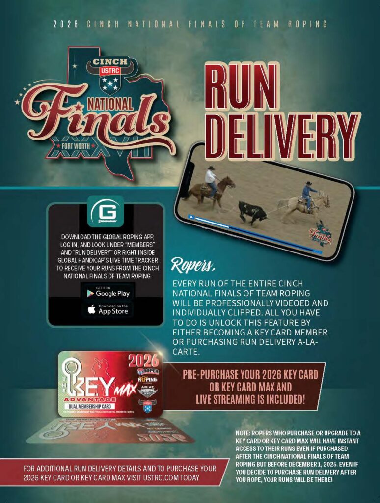 2026 CINCH National Finals of Team Roping promotional graphic advertising Run Delivery video streaming access through the Global Roping App