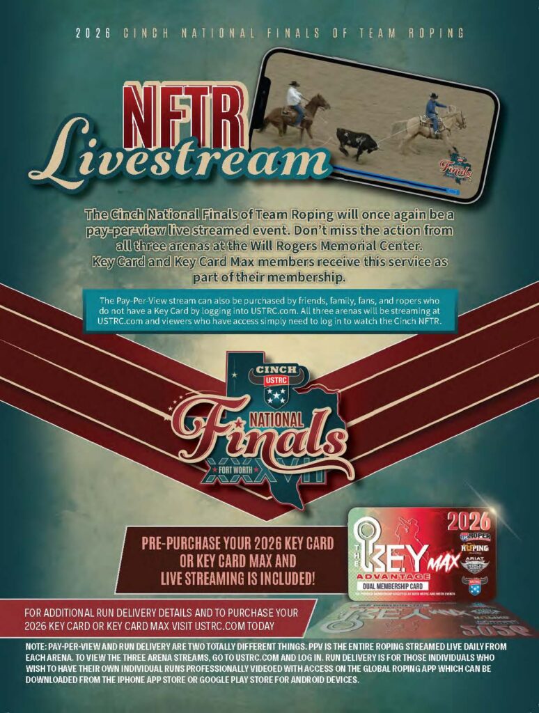 2026 Cinch National Finals of Team Roping livestream promotional poster featuring team ropers on horseback and cattle, with Key Card membership and pay-per-view details