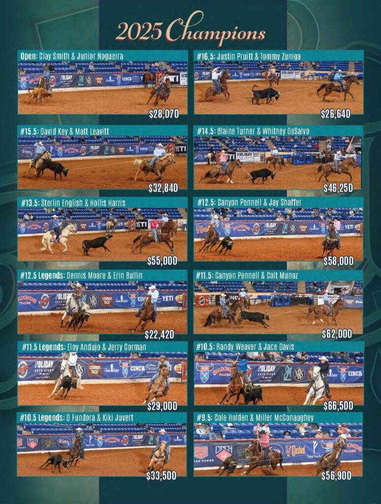 2025 Champions results grid displaying 16 team roping partnerships with arena action photos and prize winnings ranging from $22,420 to $66,500