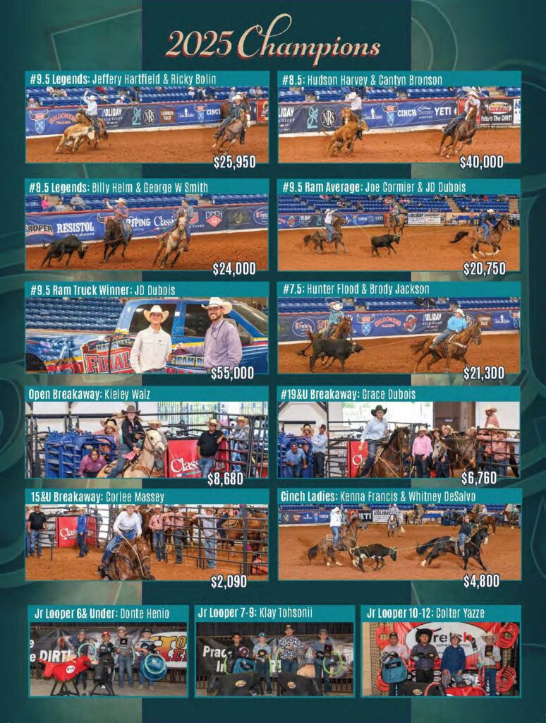 2025 Cinch rodeo champions display featuring nine events with competitors on horseback and prize amounts ranging from $2,090 to $55,000
