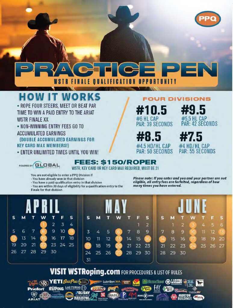 PPO Practice Pen promotional flyer featuring two silhouetted cowboys at sunset, advertising a WSTR Finale qualification opportunity for four rope divisions with entry fees and event dates from April through June