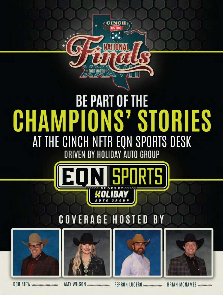 Cinch USTRC National Finals promotional graphic featuring four hosts at the EQN Sports desk, with text advertising champions' stories coverage driven by Holiday Auto Group
