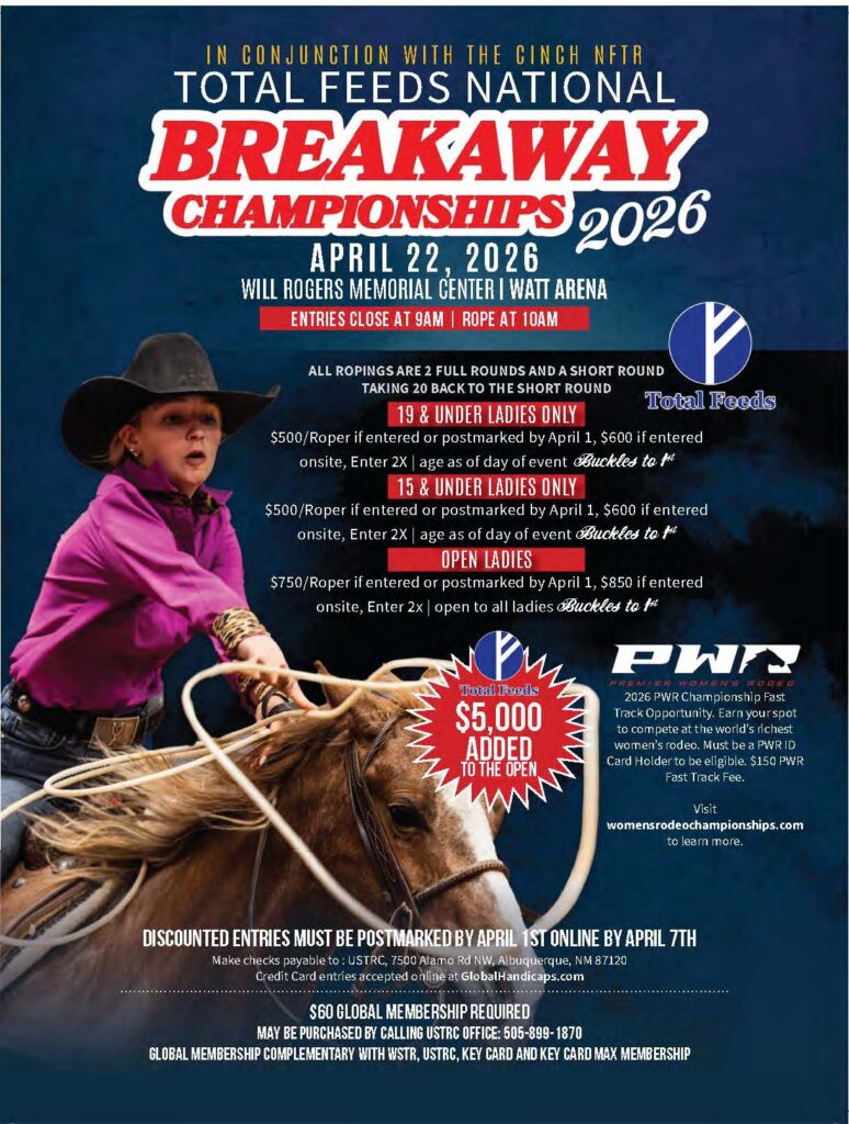 Young female breakaway roper in pink jacket competing at the Total Feeds National Breakaway Championships 2026 event poster, scheduled for April 22 at Will Rogers Memorial Center in Oklahoma City