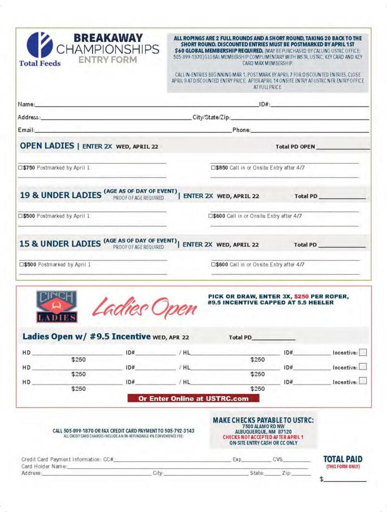 Breakaway Championships entry form from Total Feeds for open ladies, youth divisions, and ladies open with 9.5 incentive, entering Wednesday April 22, with postmark and call-in entry deadlines noted