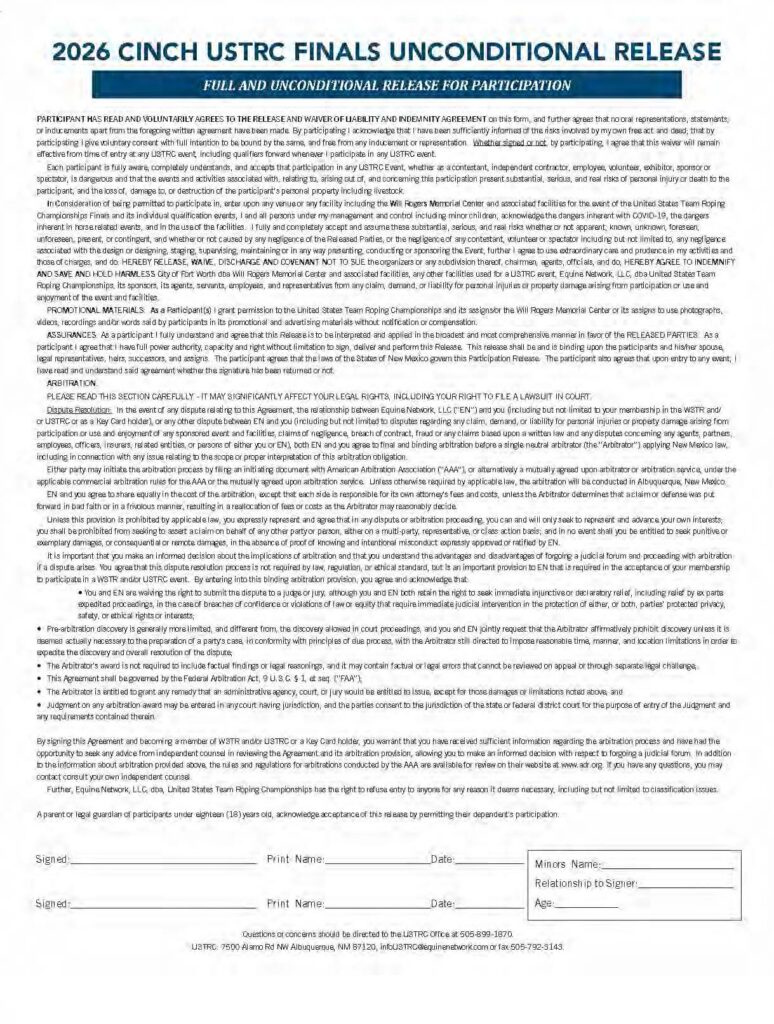 2026 Cinch USTRC Finals unconditional release form for team roping championship participants with signature lines and event details