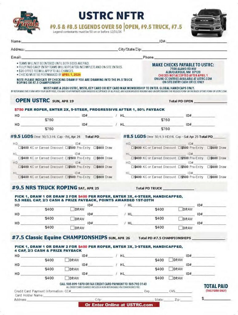 USTRC NFTR entry form for legends over 50, 9.5 and 8.5 team roping, 9.5 truck roping, and 7.5 classic equine championships in April 2026