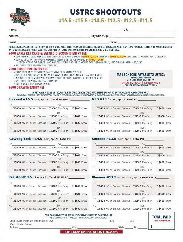 USTRC Shootouts entry form for six rodeo events ranging from #16.5 to #11.5, with pricing for early entry discounts, pre-entry fees, and draw-in fees