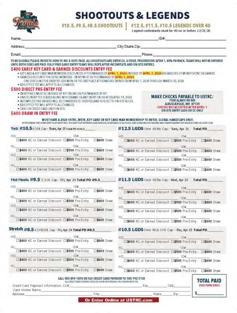 USTRC Shootouts & Legends rodeo entry form with event details, fees, and registration information for multiple roping competitions