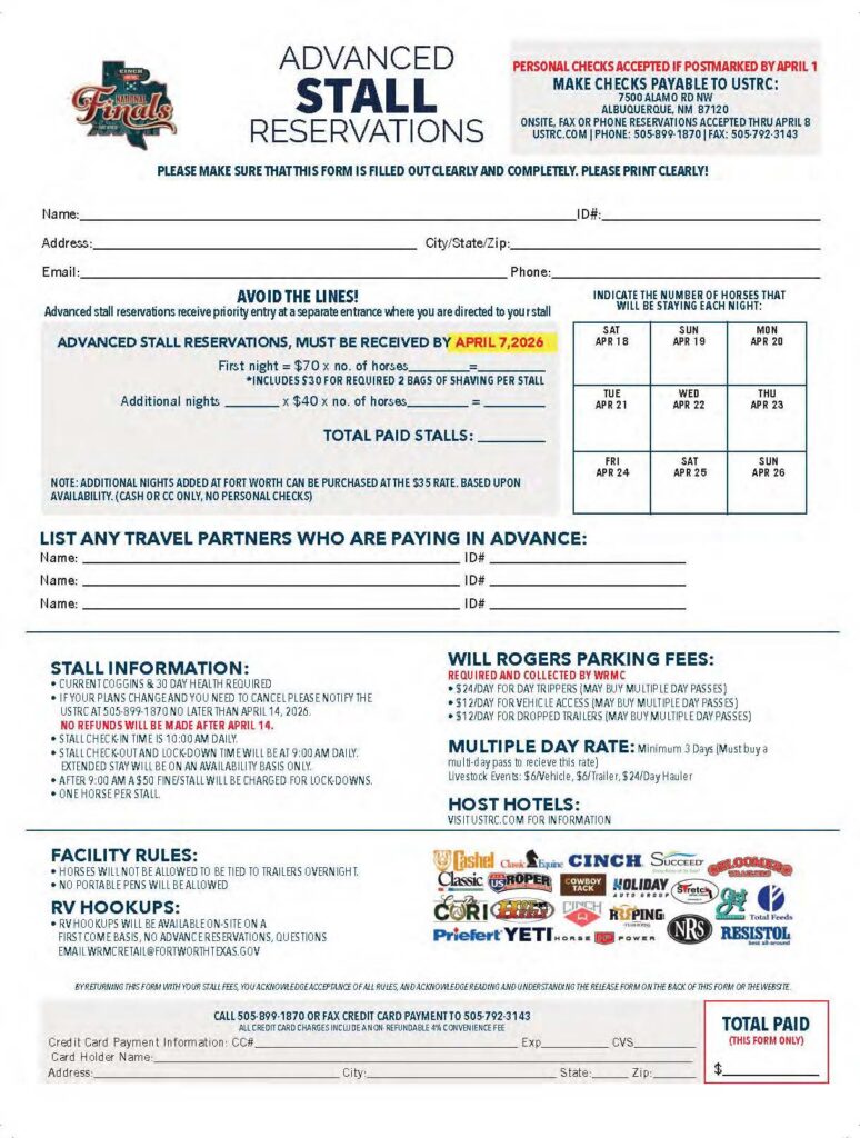 Fort Worth Stock Show & Rodeo Advanced Stall Reservations form for horses competing at the event, with pricing, dates, facility rules, and payment information