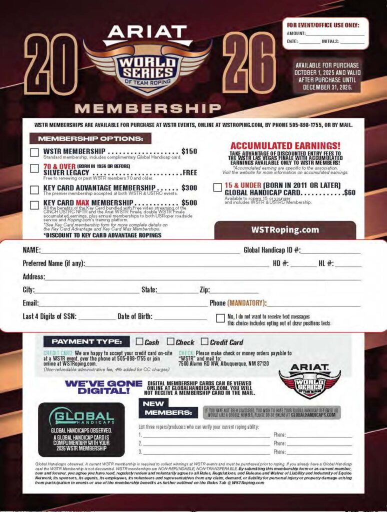 Ariat WSTR 2026 membership form featuring pricing options ranging from $150 to $500, membership benefits, and registration details for team roping events