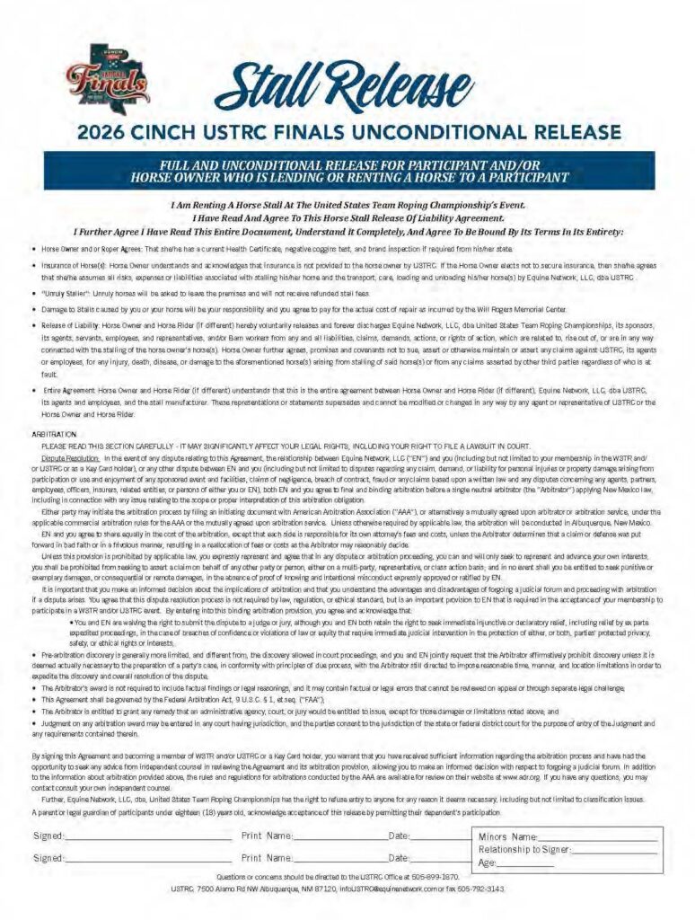 2026 Cinch USTRC Finals Unconditional Release stall release agreement form for horse owners and participants