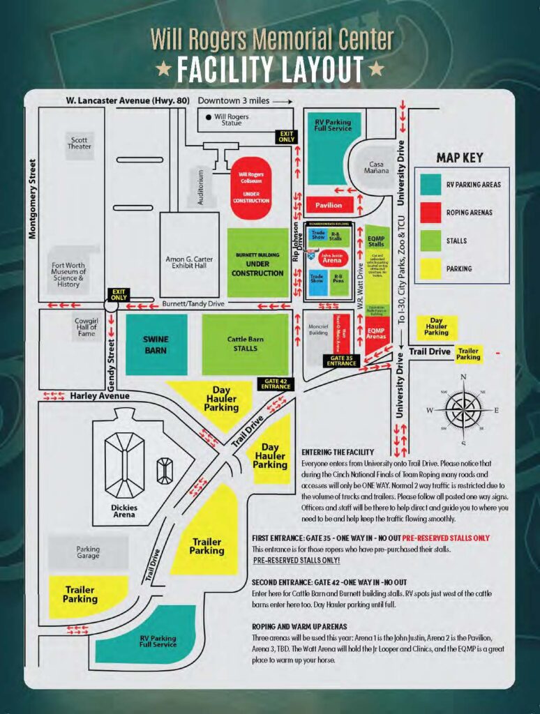 Will Rogers Memorial Center facility layout map showing stalls, arenas, parking areas, and entrances for rodeo and roping events