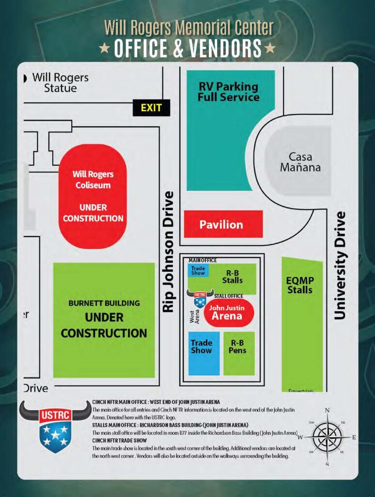 Will Rogers Memorial Center Office & Vendors map showing John Justin Arena, stalls, pavilion, and RV parking layout in Oklahoma City