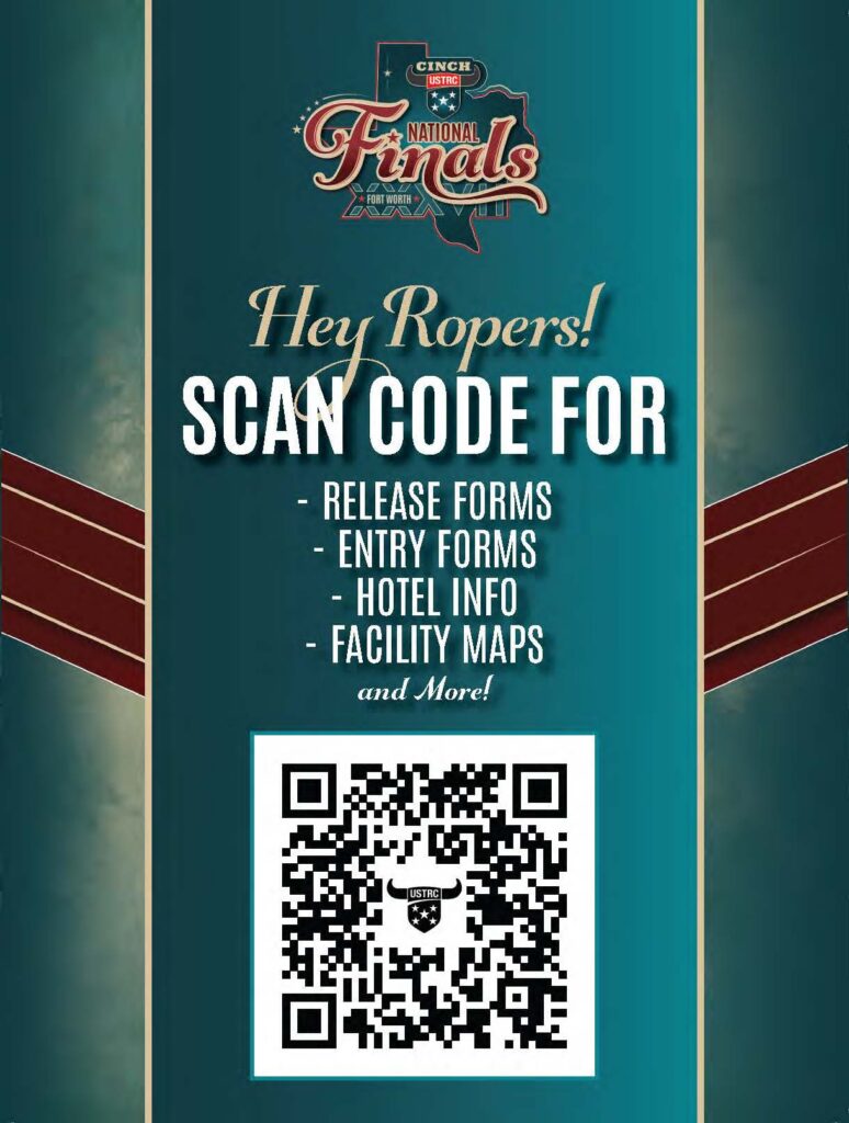 Cinch RSNC National Finals promotional poster featuring a teal background with a QR code and text inviting ropers to scan for release forms, entry information, hotel details, and facility maps