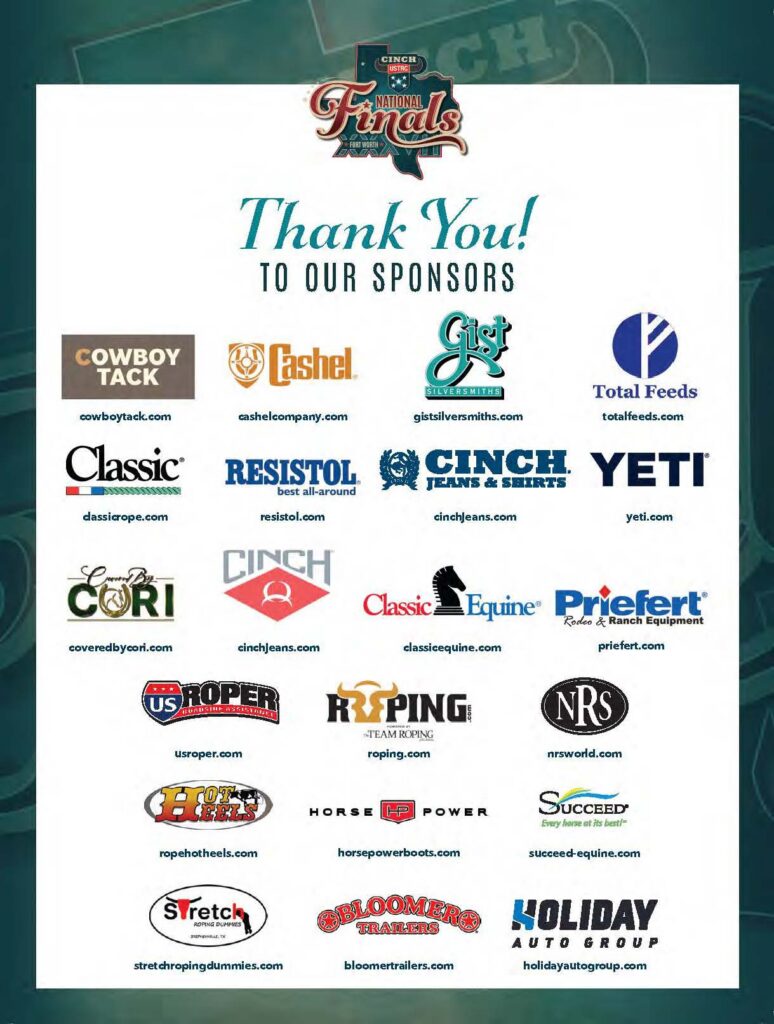 CINCH National Finals thank you graphic listing 24 sponsor logos including Cowboy Tack, Resistol, YETI, Classic Equine, and Priefert