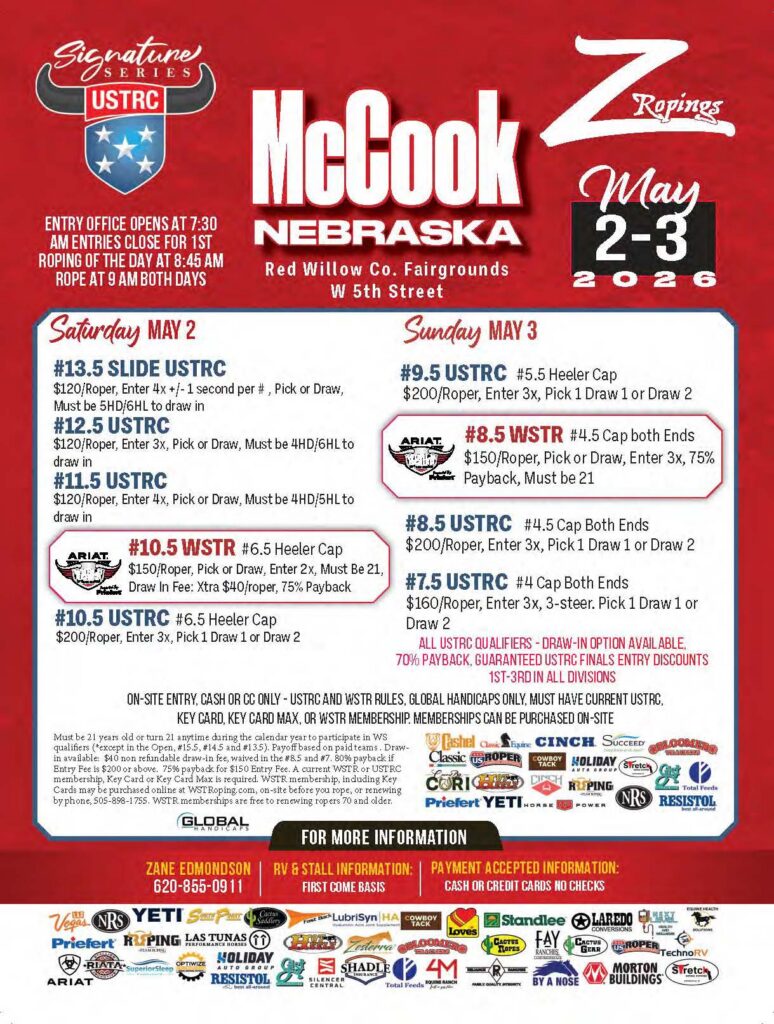 McCook USTRC Z Ropings event flyer for May 2-3, 2026 in Nebraska listing USTRC and WSTR team roping and heading/heeling competitions with entry fees and rules