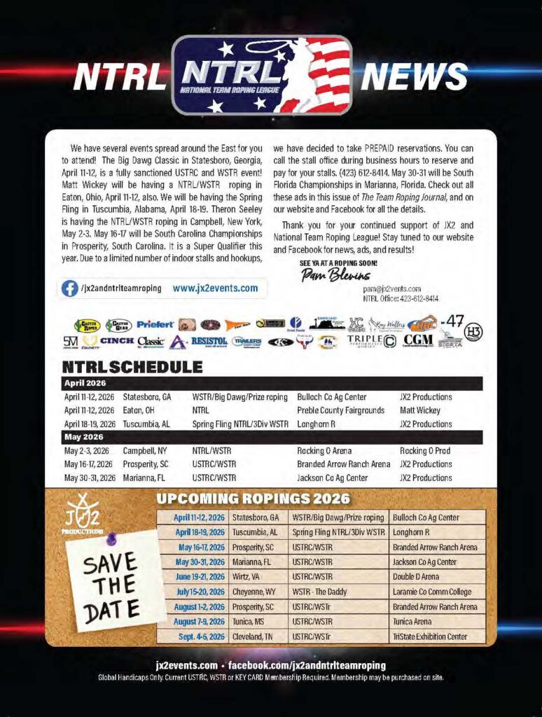 NTRL News announcement featuring April-September 2026 team roping and USTRC event schedule across the eastern United States