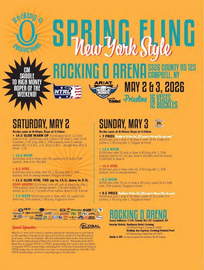 Rocking O Spring Fling New York Style event flyer for May 2-3, 2026 at Rocking O Arena in Campbell, NY, featuring NRTL and ARIAT sanctioned team roping and saddle bronc competitions