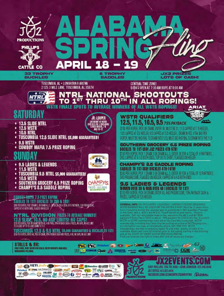 Alabama Spring Fling rodeo flyer for April 18-19 featuring NTRL National Shootouts, team roping, ladies and legends events, and prize saddle ropings at Tuscumbia Livestock Arena