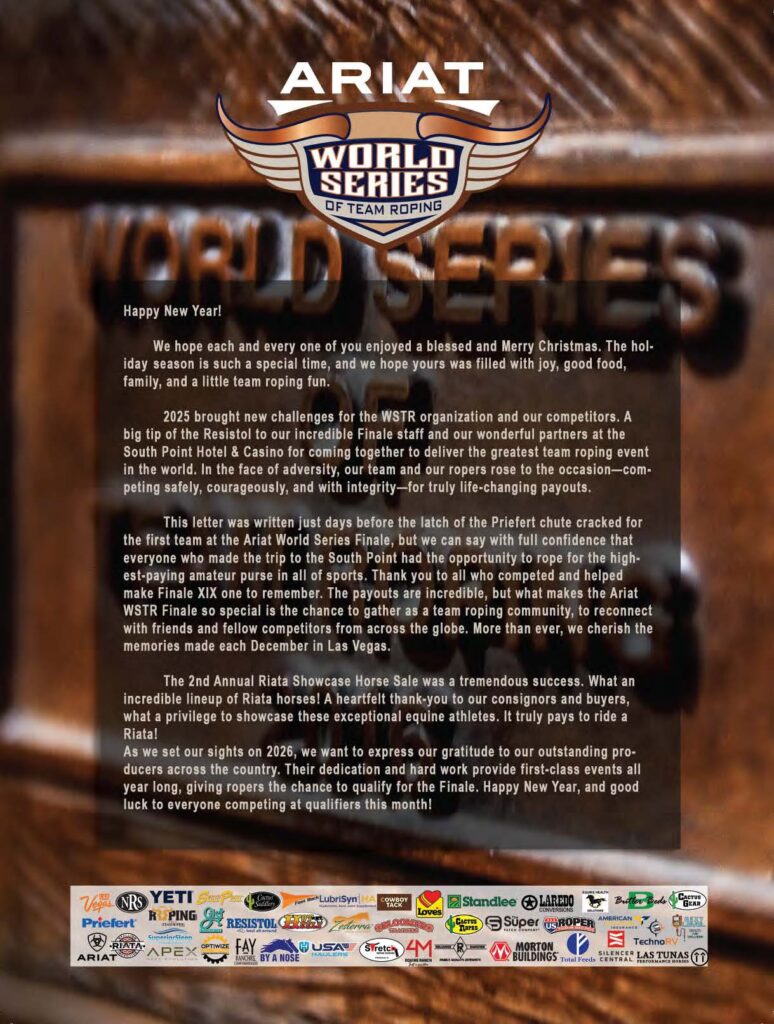 Ariat World Series of Team Roping logo atop a New Year's letter to competitors, with sponsor logos along the bottom