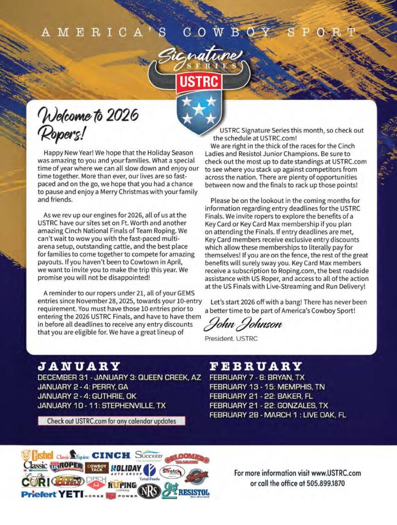 USTRC Signature Series "Welcome to 2026 Ropers" president's letter page with January and February team roping event schedule