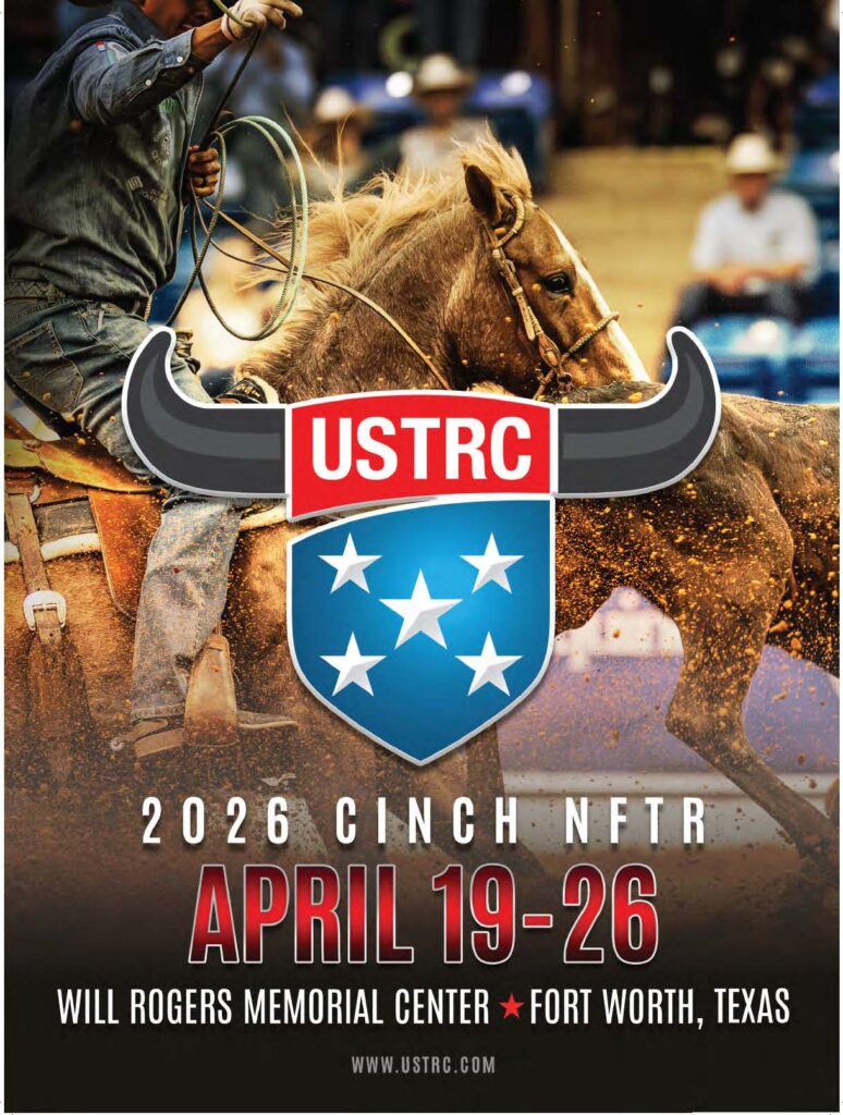 USTRC shield logo over a roper swinging a loop on horseback, promoting the 2026 Cinch NFTR April 19-26 in Fort Worth