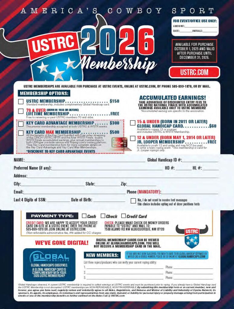 USTRC 2026 Membership application form listing membership options, pricing tiers, and payment and contact fields