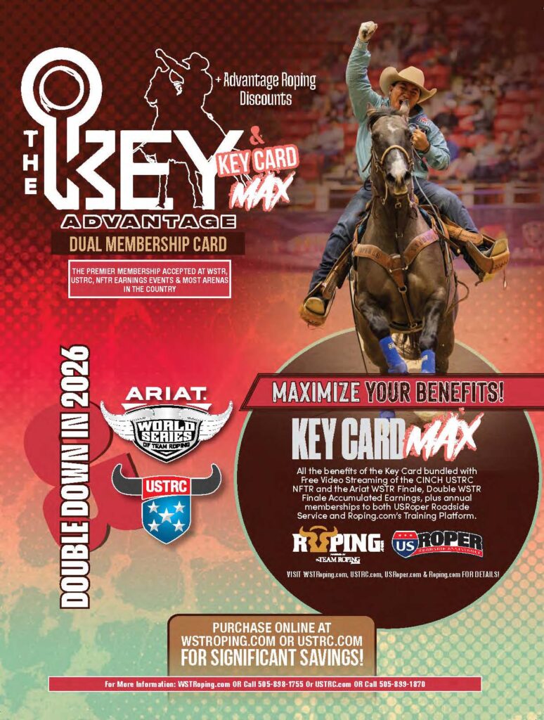 "The Key Advantage" Key Card Max dual membership ad for WSTR and USTRC, featuring a roper celebrating with a raised fist on horseback"