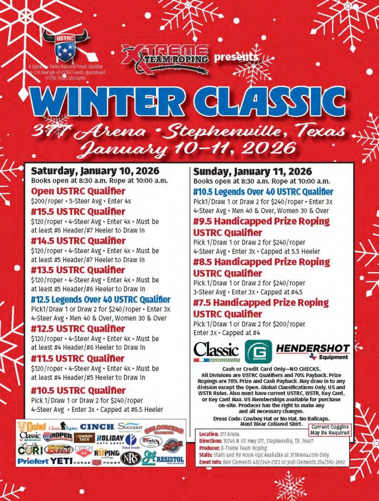 Red snowflake-patterned event flyer for the X-Treme Team Roping Winter Classic USTRC qualifier at 377 Arena in Stephenville, Texas