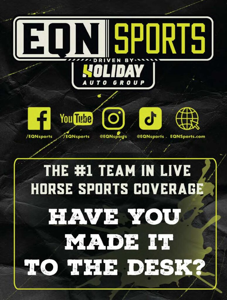 EQN Sports "Driven by Holiday Auto Group" ad with social media handles and the tagline "Have you made it to the desk?"
