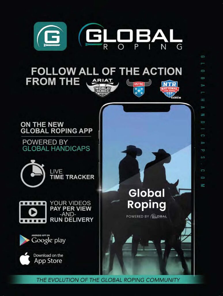 Global Roping app ad showing a phone with two mounted ropers, listing live time tracker and pay-per-view video features