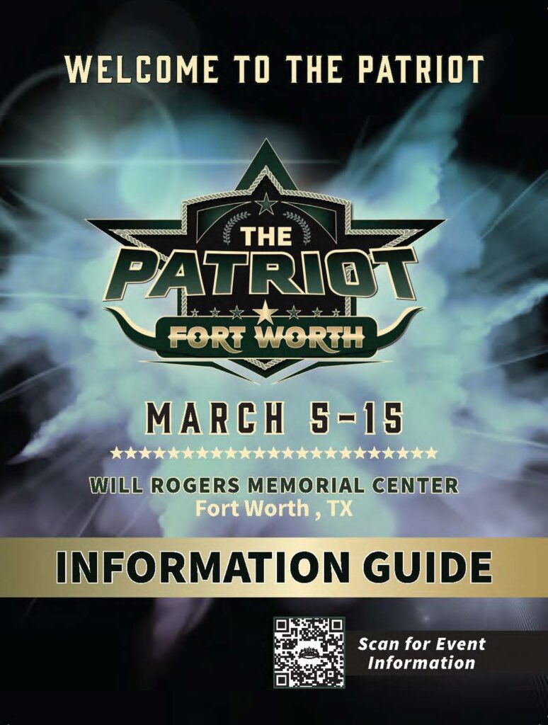 The Patriot Fort Worth information guide cover with star logo, March 5-15 dates at Will Rogers Memorial Center and QR code