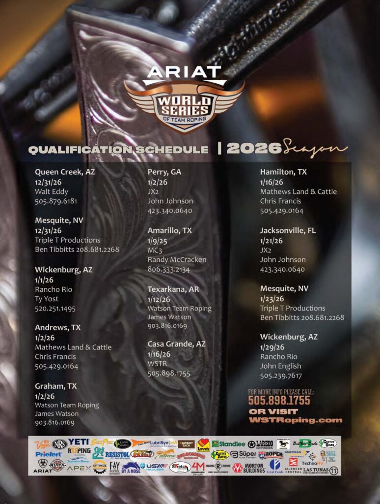 Ariat World Series of Team Roping 2026 season qualification schedule flyer listing event cities, dates and contacts