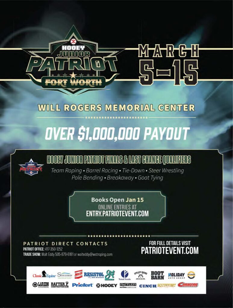 Hooey Junior Patriot Fort Worth event flyer for March 5-15 at Will Rogers Memorial Center with over $1,000,000 payout