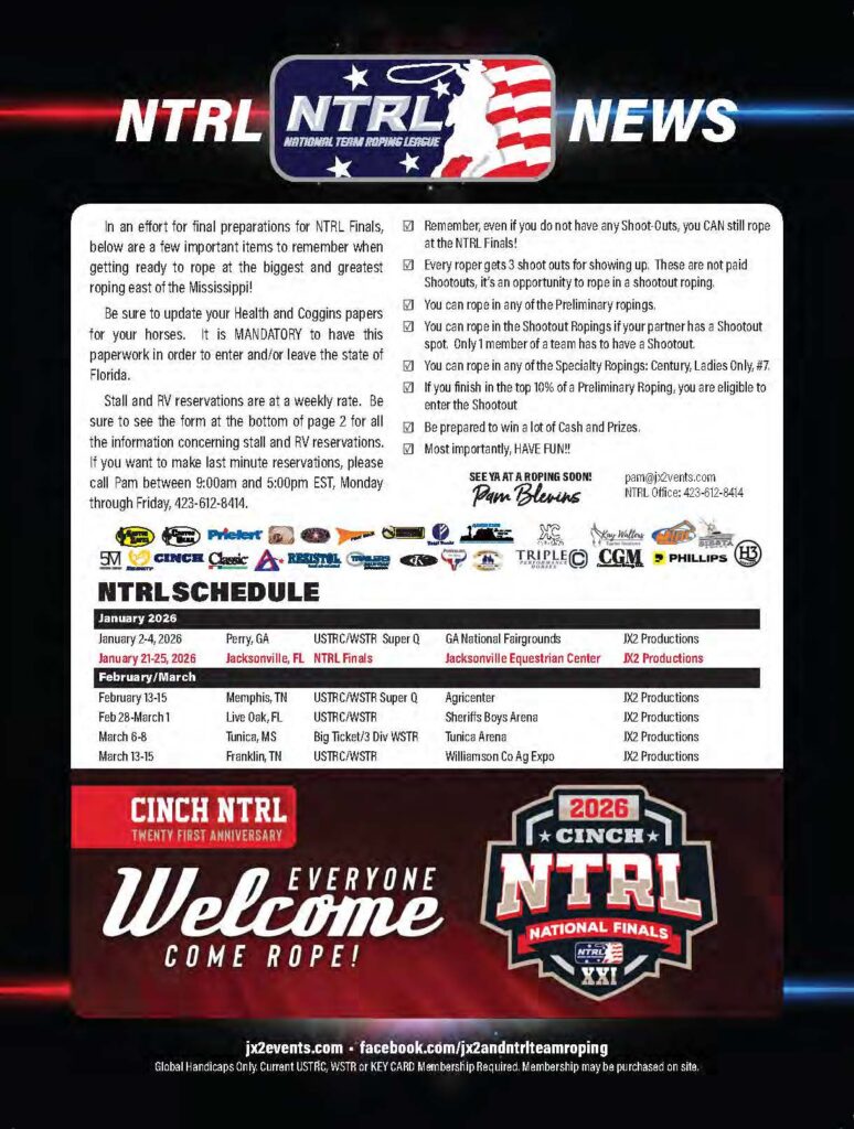 NTRL News flyer with NTRL logo, finals prep tips from Pam Blevins, sponsor logos and 2026 roping schedule