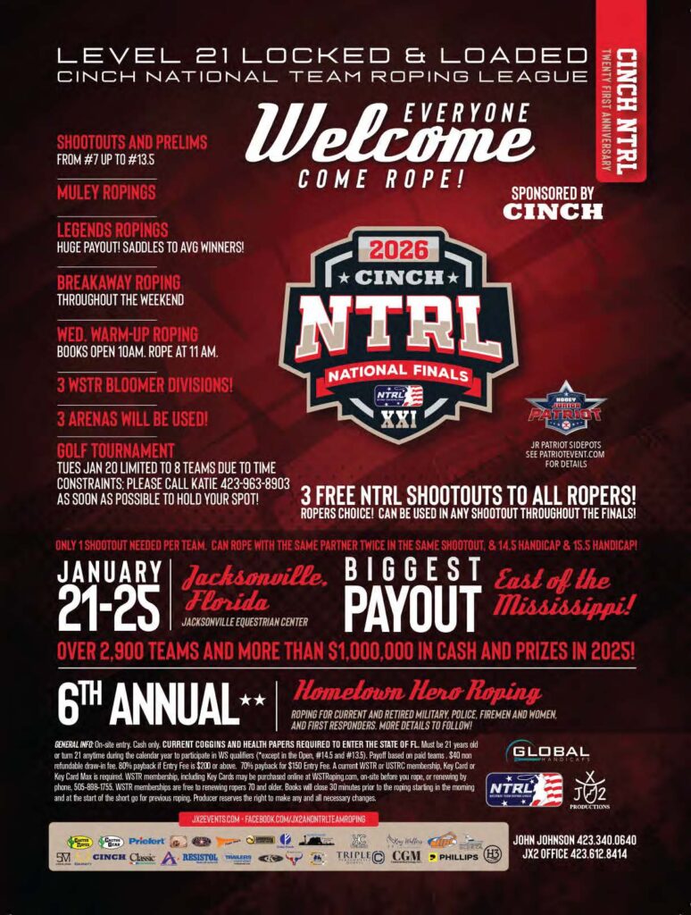 Red and black event flyer for the 2026 Cinch NTRL National Finals team roping in Jacksonville, Florida, January 21-25
