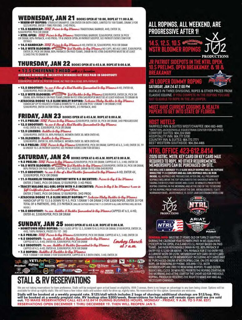 JX2 Productions team roping event flyer listing daily roping schedules for Jan 21–25, host hotels, and stall and RV reservation details