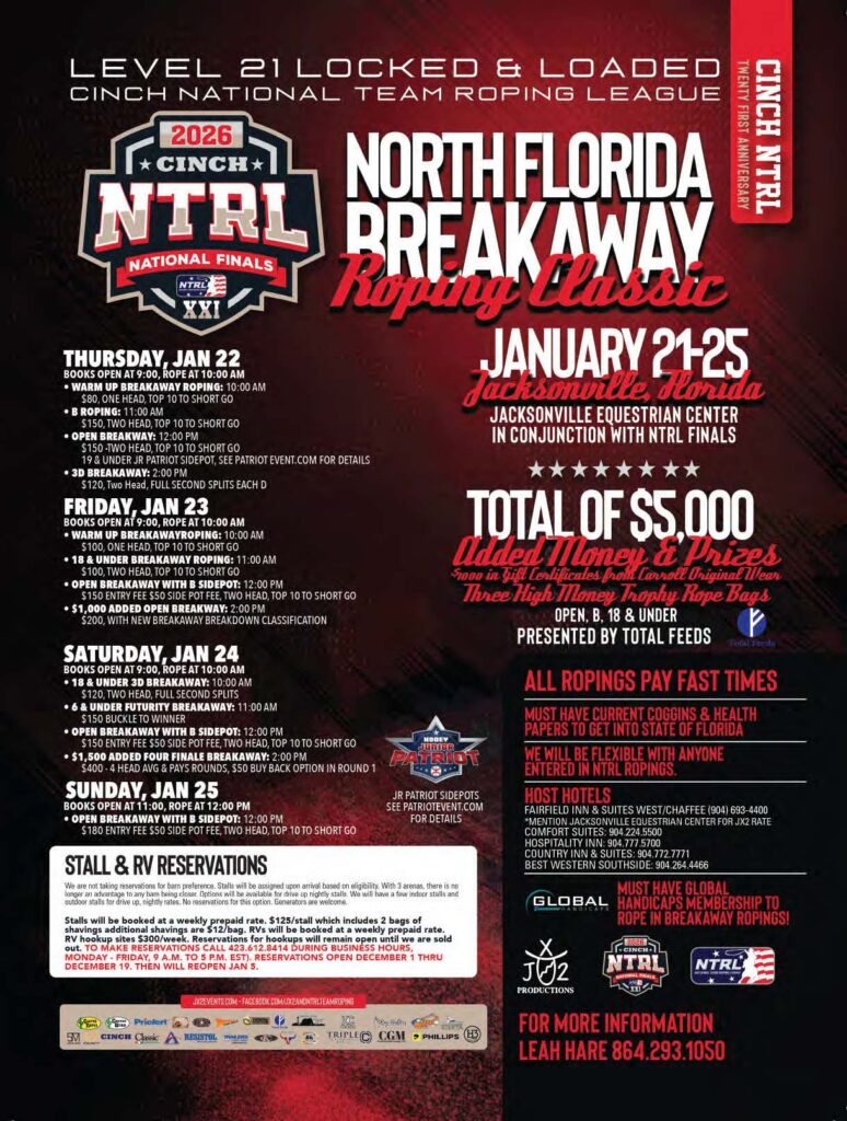 Event flyer for the 2026 North Florida Breakaway Roping Classic, January 21–25 in Jacksonville, Florida, with daily schedule and added money details