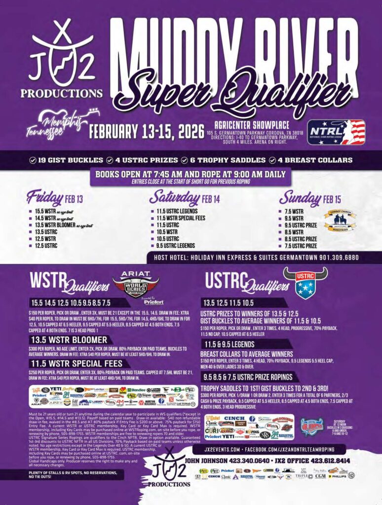 Purple event flyer for the JX2 Productions Muddy River Super Qualifier team roping, February 13-15, 2026 in Memphis, Tennessee