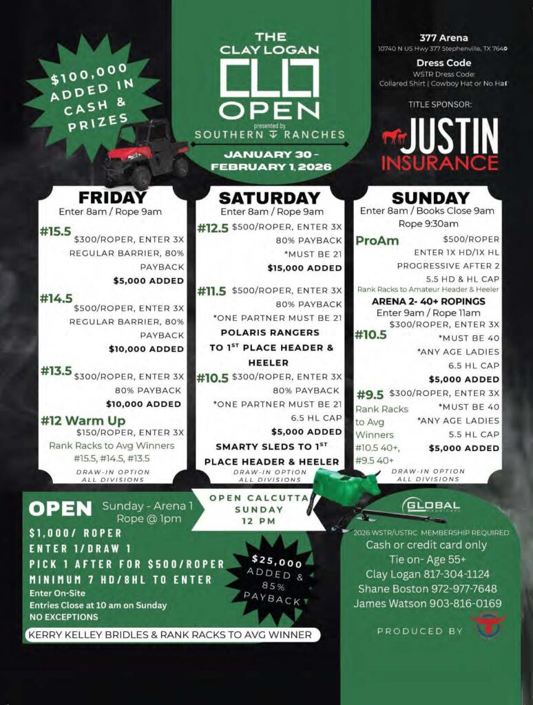 Event flyer for The Clay Logan Open team roping at 377 Arena in Stephenville, Texas, listing daily roping divisions, added money and entry fees