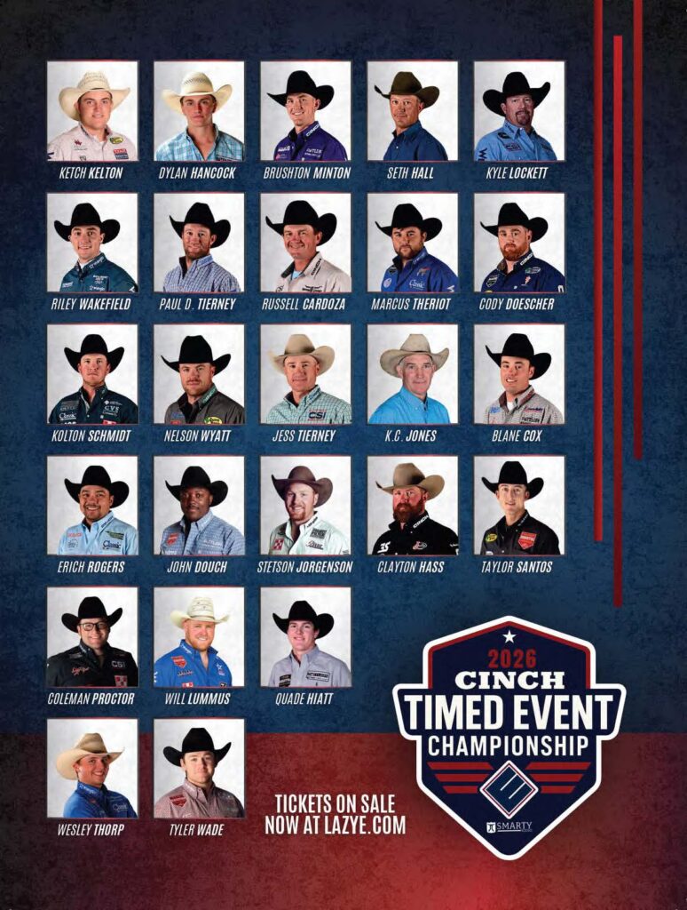 2026 Cinch Timed Event Championship promotional poster with headshots of the 25 named contestants and ticket info