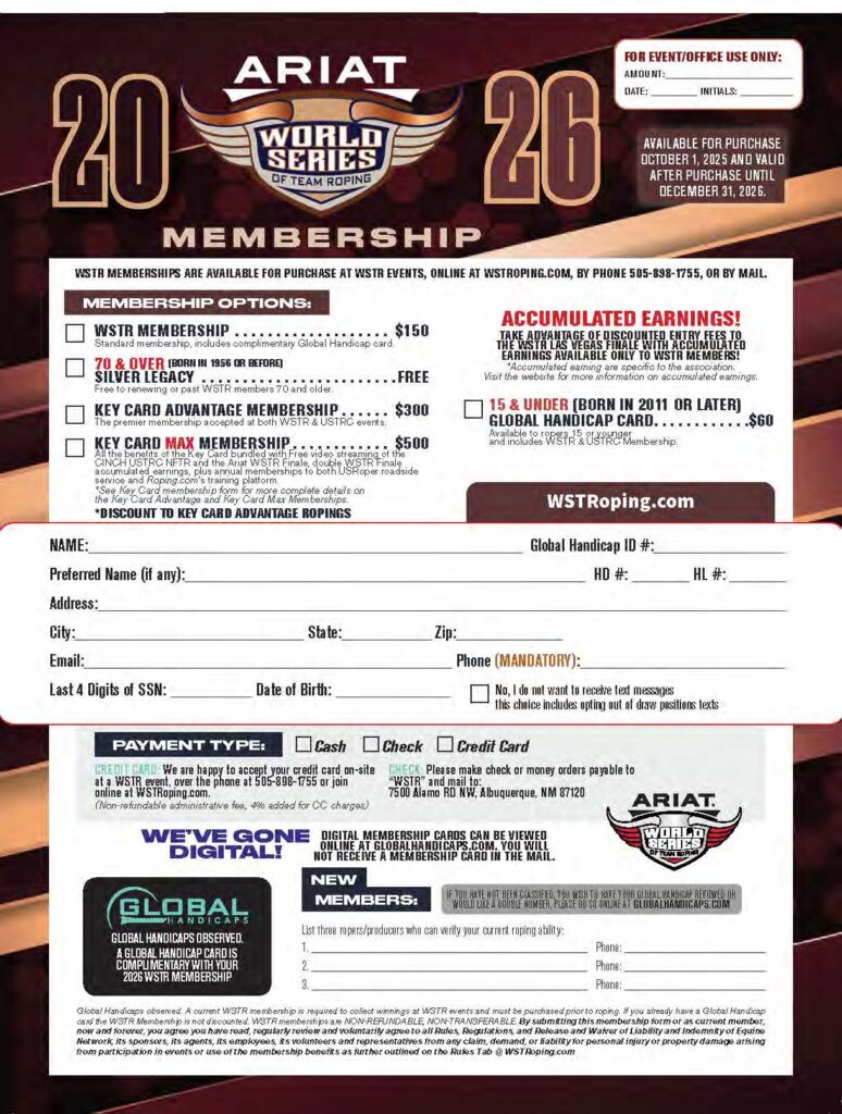 2026 Ariat World Series of Team Roping membership application form listing membership options, pricing and payment details